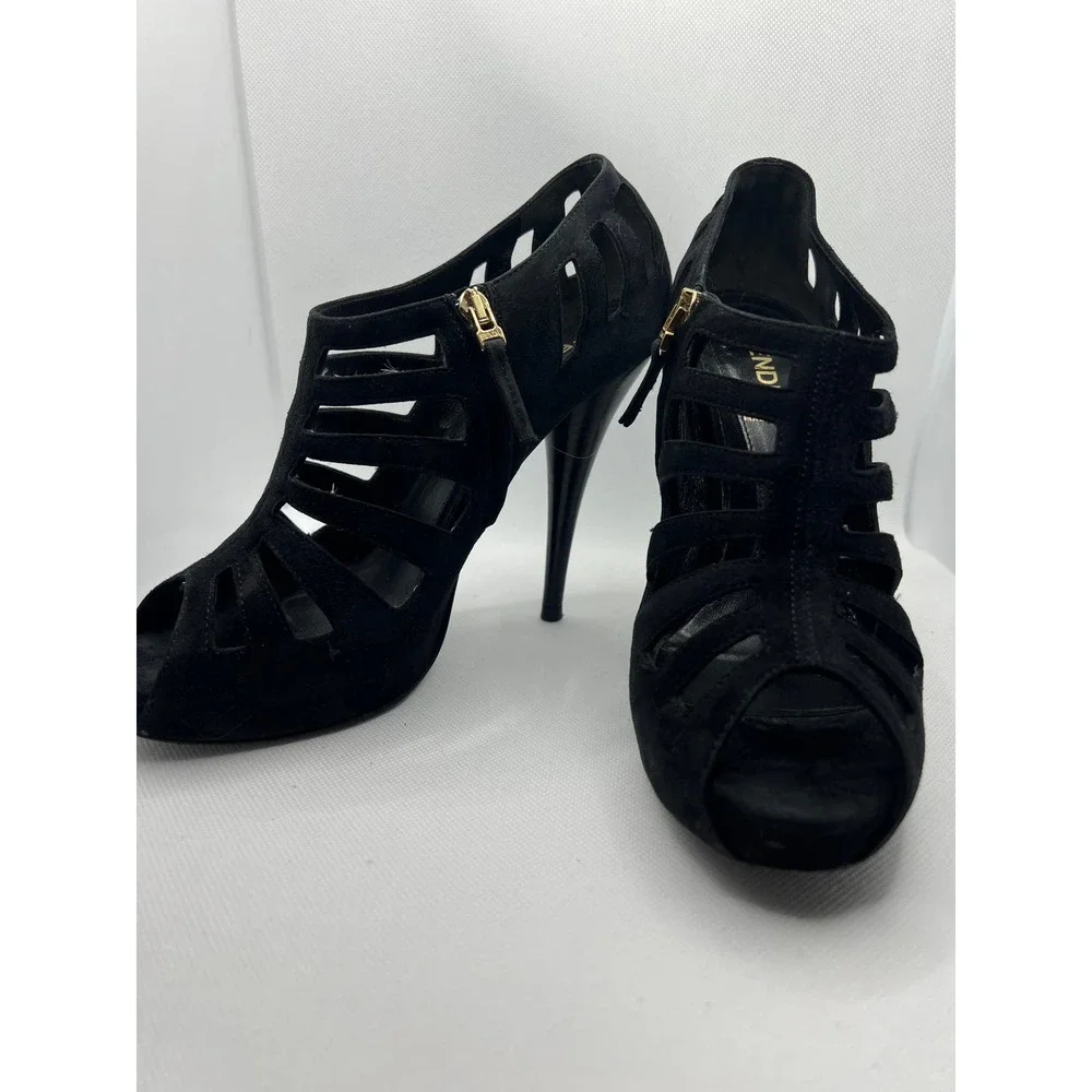 - Fendi Suede Goth Heels Sandals Black Booties W/Gold‎ Accents Dark Academia